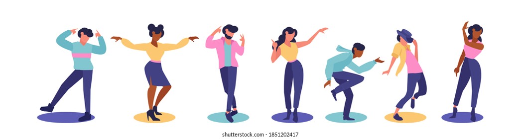 Vector of young happy dancing people isolated on white background. 