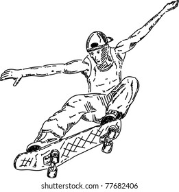 vector - young hidden boy with skate board, isolated on background