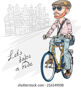 Vector young hipster bearded man rides a bike in Amsterdam