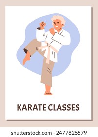 Vector of a young karate athlete. A boy in a kimono and belt, perfecting poses and martial arts techniques, is an ideal illustration for sports, training topics