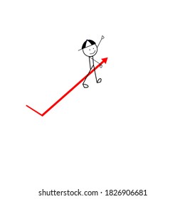 Vector young kid ride red arrow up drawing on white