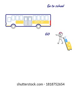 Niño vectorial con mascarilla quirúrgica de lazo de oreja y obtener un limpiador de manos para lavarse las manos para proteger el virus de la corona y la gripe y PM2.5 ir a la escuela y apuntar a texto GO y al parque de autobuses escolares allí