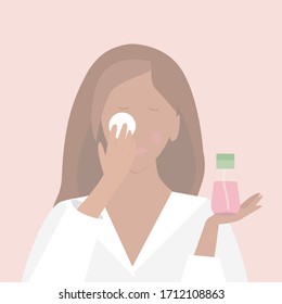 Vector young lady uses micellar water to take off her make up