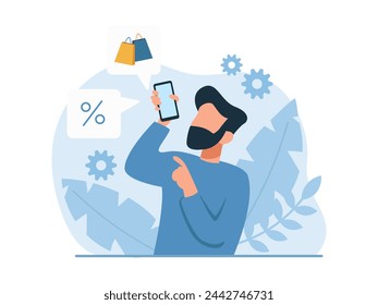 Vector of a young man advertising mobile shopping app with great discounts 