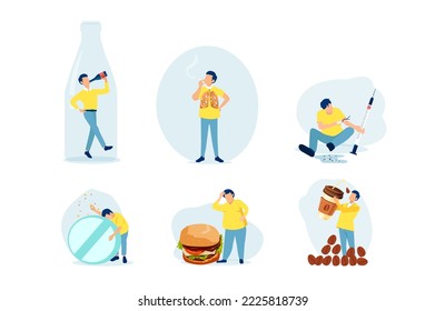 Vector of a young man with bad habits alcoholism, drug addiction, smoking, coffeemania, gluttony wand obesity  svg