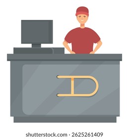 Vector of a young man with cap standing at an info counter with computer