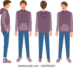 Vector - Young Man Casual Standing Front View, Side View And Rear View