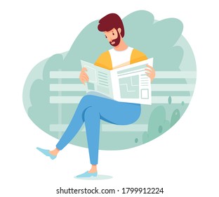 Vector Young Man Character Reading Daily Newspaper On Bench In Park. Businessman, Office Worker Or Clerk Reader Rest During Work Break With Publication News Press Magazine. Outdoor Pastime