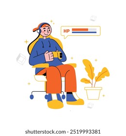 Vector of young man enjoying play games using joystick or game controller sitting on gaming chair