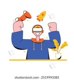 Vector of young man enjoying play games using joystick or game controller and VR headset