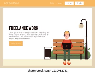 Vector young man freelancer sitting at street bench with laptop working in headphones. Freelance and distant job concept, male cahracter designer, programmer outsource work