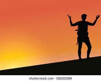 Vector of young man hiker silhouette with arms outstretched in mountains. Male runner or climber looking at sunset view. Business concept and hands up and enjoy inspirational landscape on sunrise sky