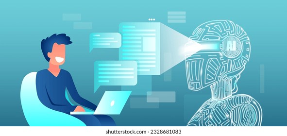 Vector of a young man interacting with artificial intelligence 