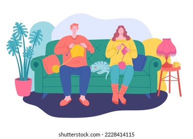 Vector young man knitting and young woman crocheting in sweaters, socks and home shoes sitting on couch with palm tree and side table with lamp and tea mug with a cat sleeping between them illustration