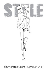 Vector young man models. Fashion sketch. Fashion man in a jacket, shirt and jeans. Hand-drawn fashion model. Fashionable man shows street style.