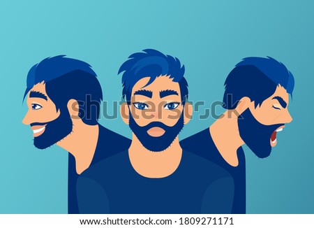 Vector of a young man with mood swings, bipolar disorder expressing anger and happiness 