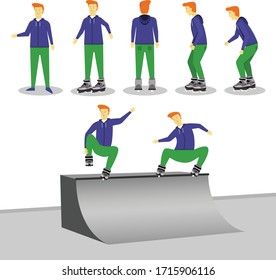 Vector of young man on roller skates in different poses and doing tricks on ramp.
