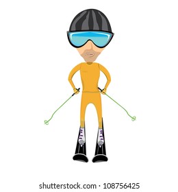 vector young man on ski on a slope. Vector illustration. winter background.