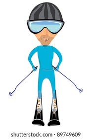 Vector young man on skis in blue waterproof ski suit.