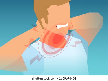 Vector of a young man with painful neck, muscle strain