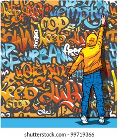 Vector Young Man Painting Graffiti On A Wall