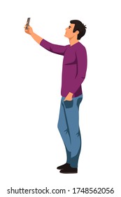 Vector young man photographing by smartphone camera. Person with mobile phone taking pictures Creative profession, occupation or hobby. Photographer character standing isolated on white background