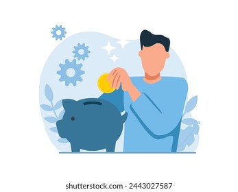 Vector of a young man with a piggy bank saving money