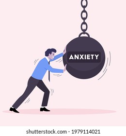 Vector of young man pushing anxiety ball. Anxiety concept.