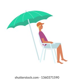 Vector young man rescuer or sitting at lounger under sun umbrella at summer vacation on seashore resort. Male character in shorts, cap and tshirt at sea holiday. Isolated illustration