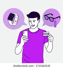 Vector de joven compra en línea con tarjeta de crédito usando un teléfono inteligente en casa. En el interior.
