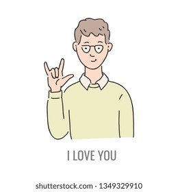 Vector young man showing i love you deaf-mute sign language symbol. Smiling sketch male character and hand communication sign by his hand. Different social communication, basic word