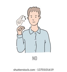 Vector young man showing no deaf-mute sign language symbol. Smiling sketch male character and hand communication sign by his hand. Different social communication, basic word