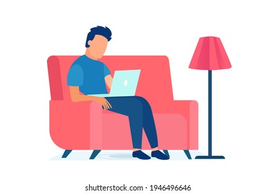 Vector of young man sitting in armchair at home using laptop computer 