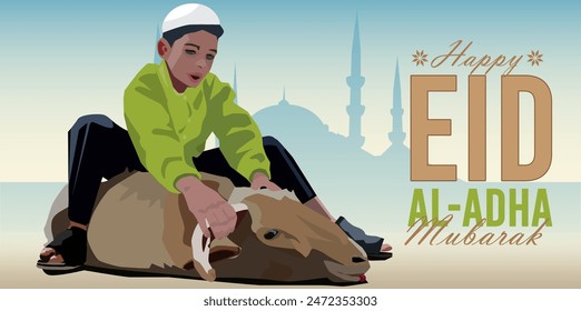 vector of a young man sitting on a sheep holding the head's horns to tame it to keep it calm and quiet to celebrate Eid Adha mosque silhouette background