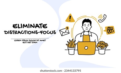 vector of a young man staying focused while working in a office on his laptop computer 