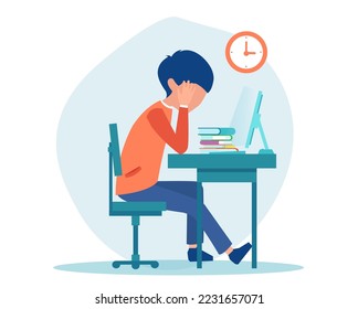 Vector of a young man a student
sitting at desk with head in hands feeling burnout, isolated on white background