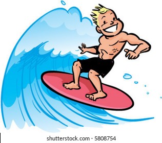 vector young man surfing a big wave illustration