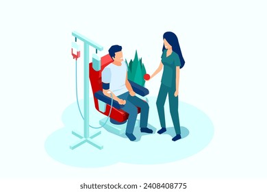 Vector of young man volunteer donating blood. 
