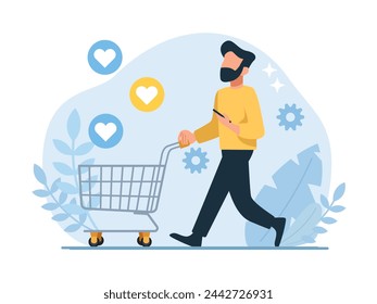 Vector of a young man walking with a shopping cart