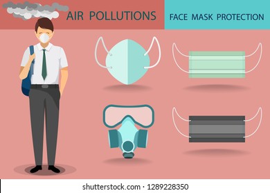 vector of young man wearing university uniform and wearing mask protection design with face mask colletion in air pollutions concept