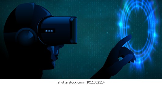 Vector young man wearing virtual reality headset 3d glasses and touch blue glow portal or futuristic interface. Cyber silhouette character dark techno vr banner. Turquoise binary code background