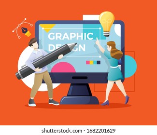 Vector Young man and woman drawing with pen in graphic editor. Graphic designer hiring concept. Designers or illustrators working together on giant computer display. Vector illustration in flat style