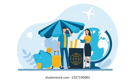 Vector of a young man and a woman with passports and airline tickets ready for a safe journey 