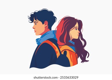 A vector of a young man and woman standing back to back, on white background