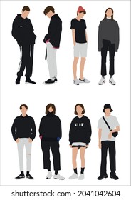 Vector of young man and women with street fashion, Business people, group of men and women, wearing working outfit, standing in white background