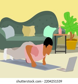 Vector of Young Man working out at home, doing yoga plank pose in front of open laptop, instructions by professional fitness trainer watching online video tutorial.