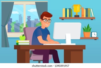 Vector young man working or study on computer