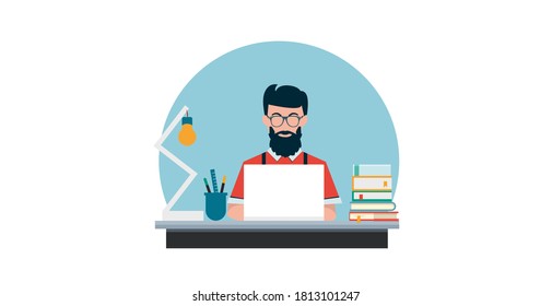 Vector of a young man working studying on laptop computer from home 