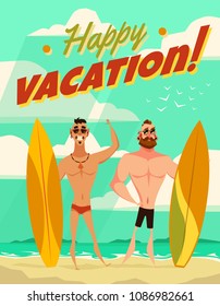 Vector young men characters. Cartoon style illustration. Summer vacation. Beach, ocean. Surfing board. Friends.