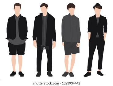 Vector of young men in various casual outfit, ready to wear casual fashion style.Group of men standing in white background, flat style vector illustration - Vector